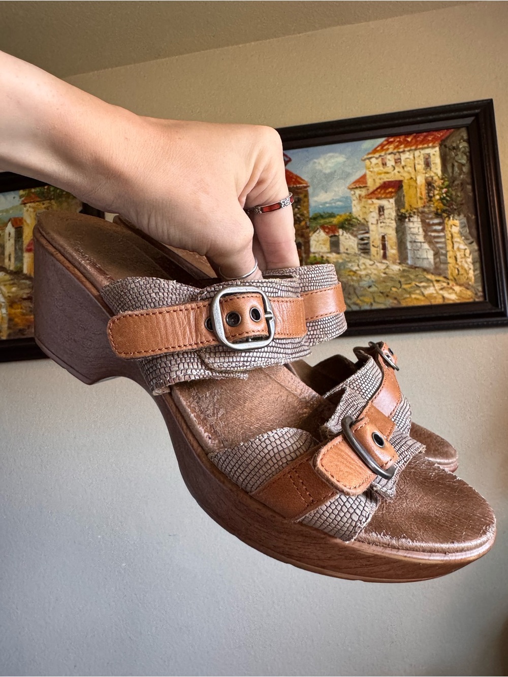 Dansko Jessie Brown Leather Wedge Heels Sandals 39 Buckles